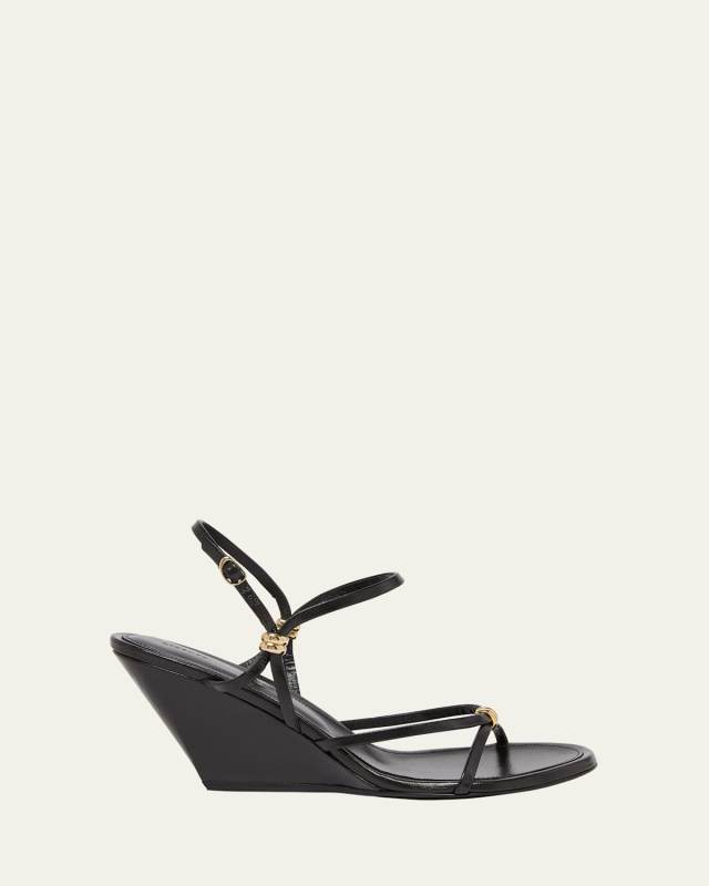 Coil Buckle Ankle-Strap Leather Wedge Sandals
